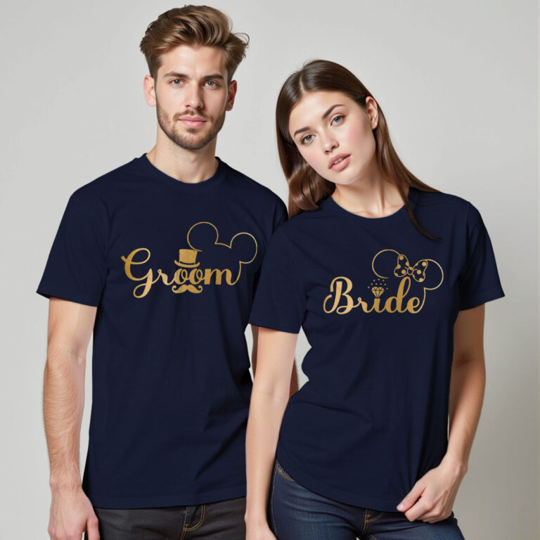 Micky Themed Groom Bride Gold Printed Wedding T-shirt