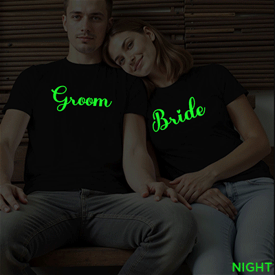 Bride Groom Wedding Glow In The Dark T-shirt | Bride_Groom | Night Glow | Beige