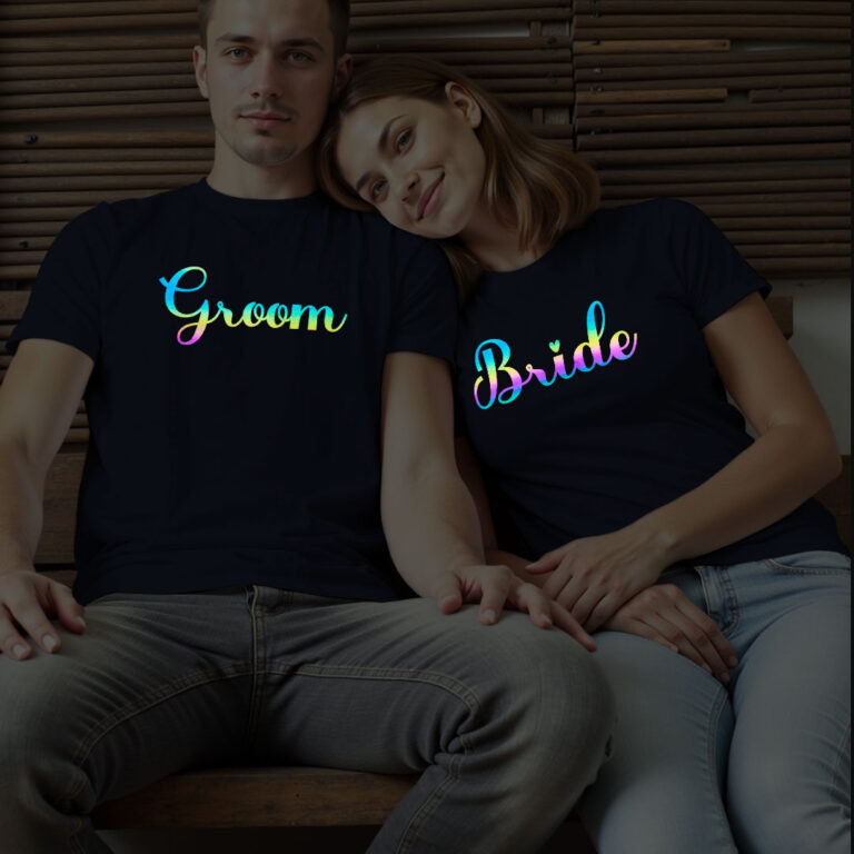 Bride Groom Wedding Rainbow Reflective T-shirt