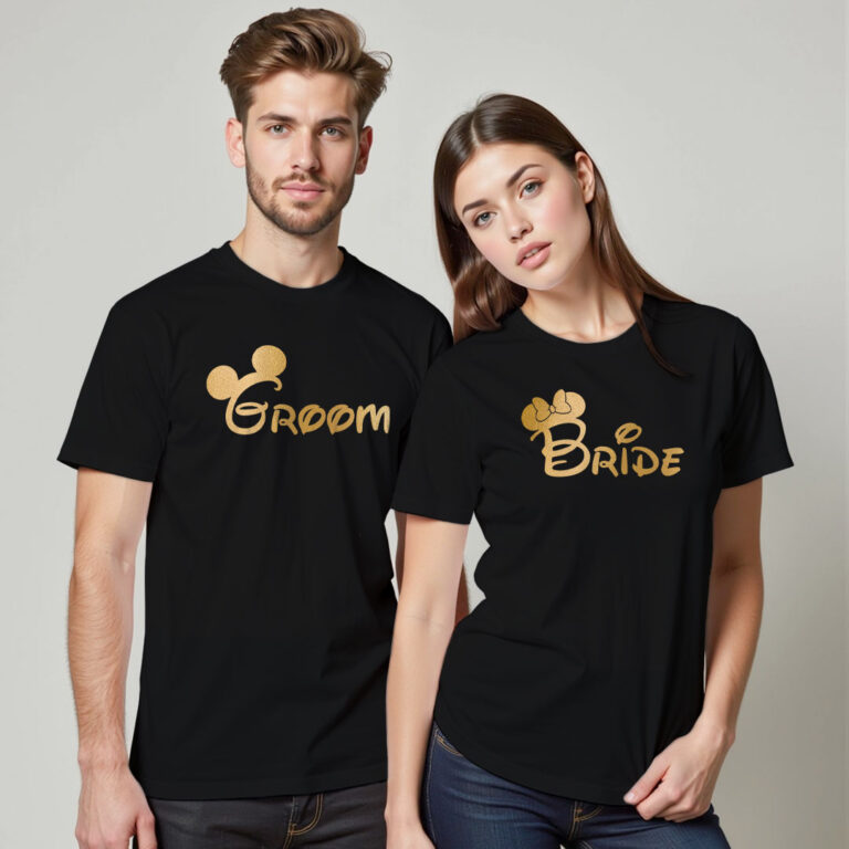 Micky Minni Groom Bride Gold Printed Wedding T-shirt