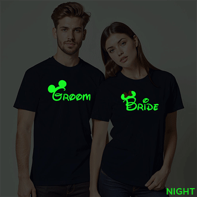 Micky Minni Groom Bride Wedding Glow In The Dark T-shirt | Bride_Groom | Night Glow | Beige