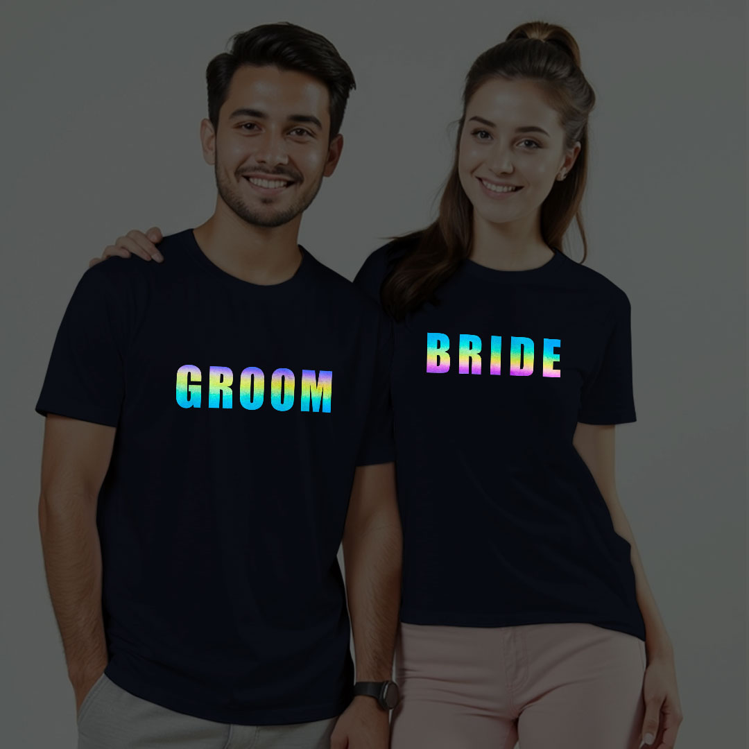 Groom Bride Wedding Rainbow Reflective T-shirt