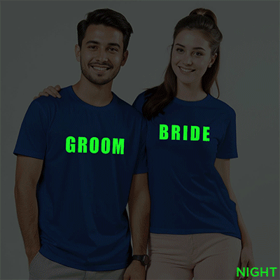 Groom Bride Wedding Glow In The Dark T-shirt | Bride_Groom | Night Glow | Beige