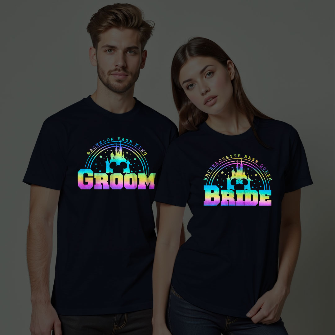 Bachelor Bash King Groom | Bachelorette Bash Queen Bride Wedding Rainbow Reflective T-shirt