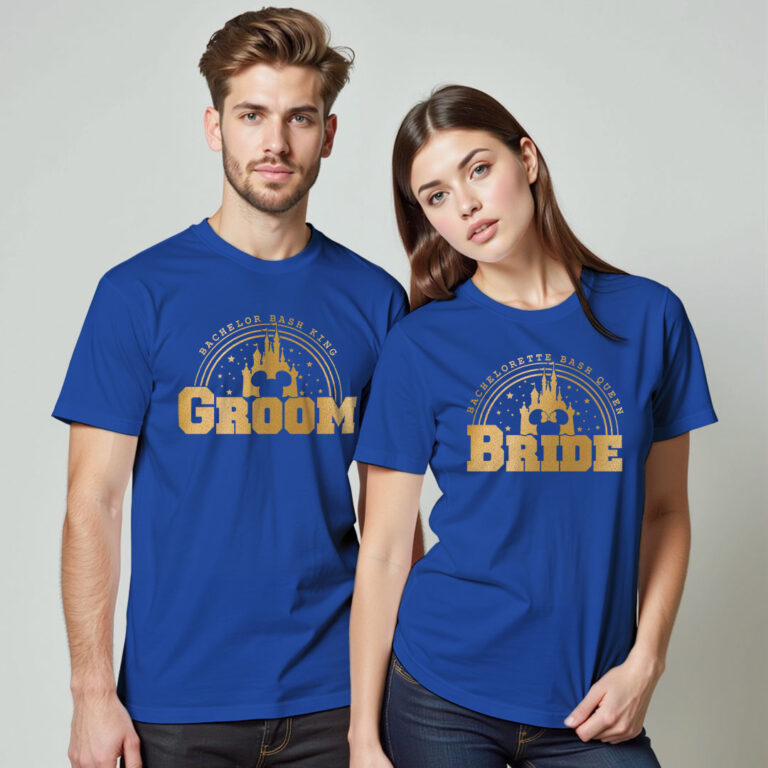 Bachelor Bash King Groom | Bachelorette Bash Queen Bride Gold Printed Wedding T-shirt