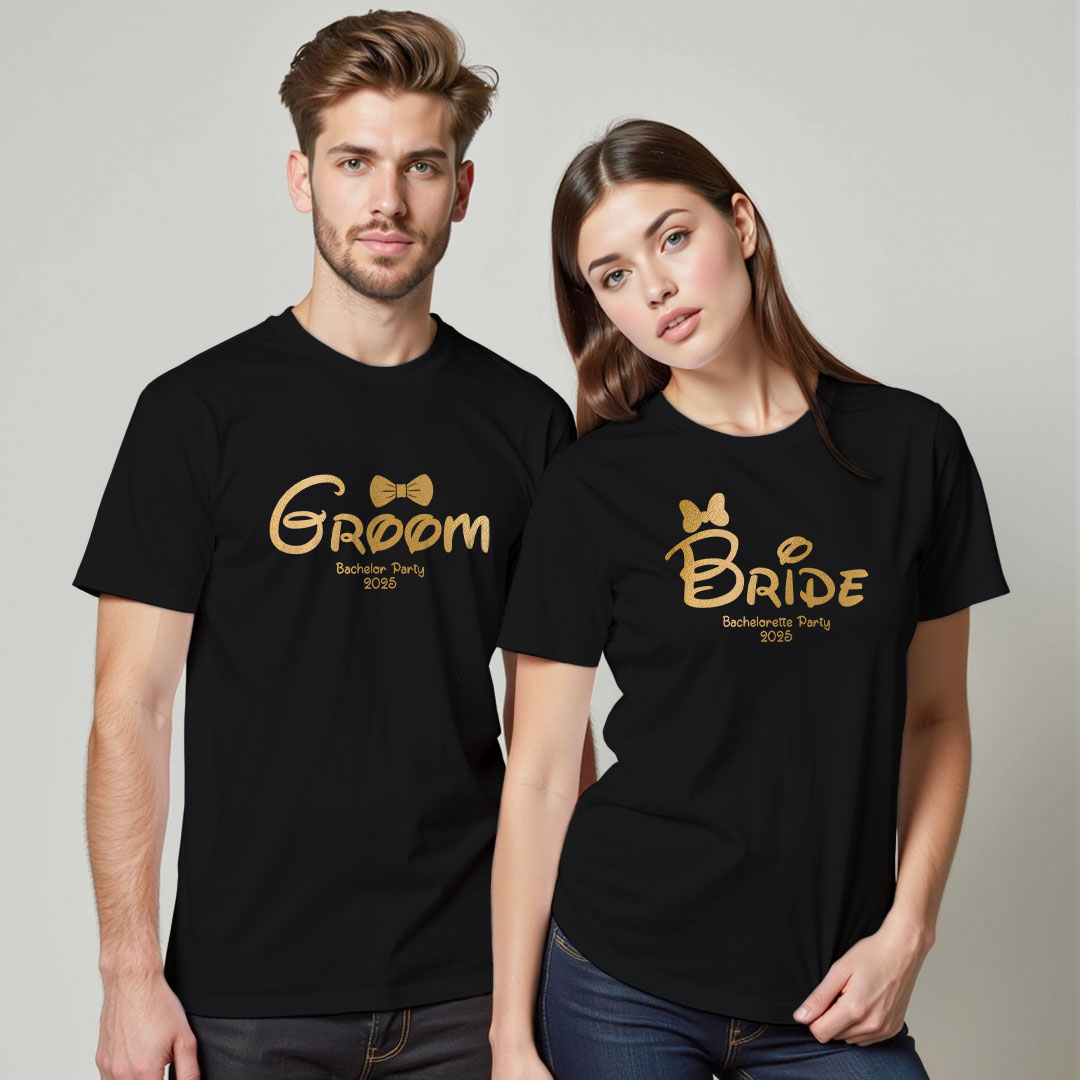 Custom Bachelor Party Groom Bride Gold Printed Wedding T-shirt
