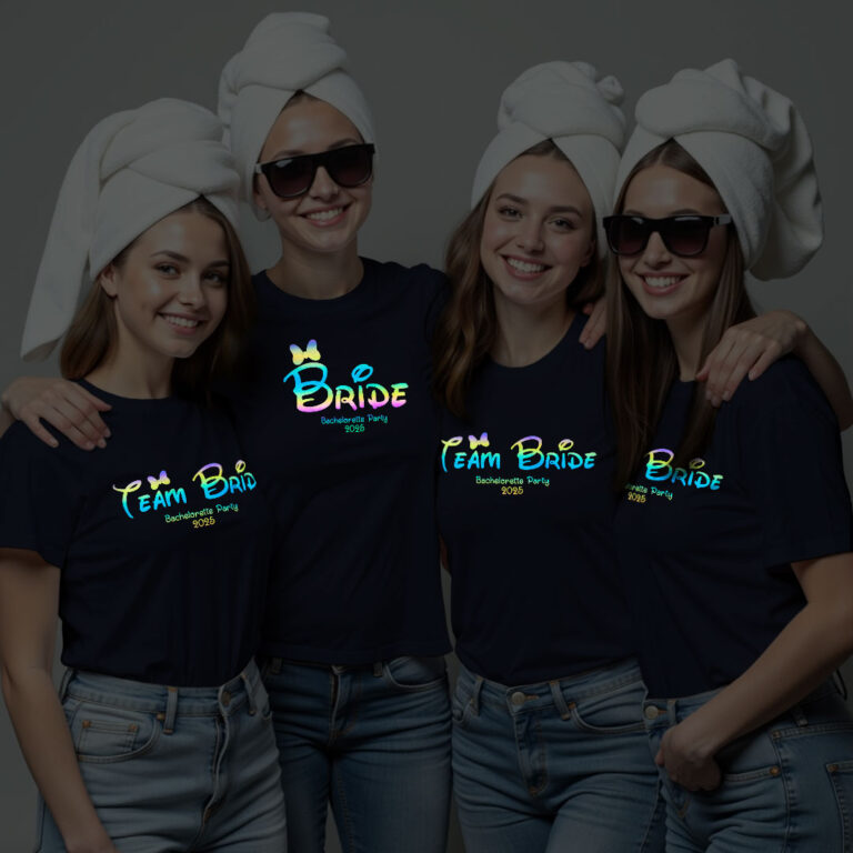 Custom Bachelor Party Bride & Bride Team Wedding Rainbow Reflective T-shirt
