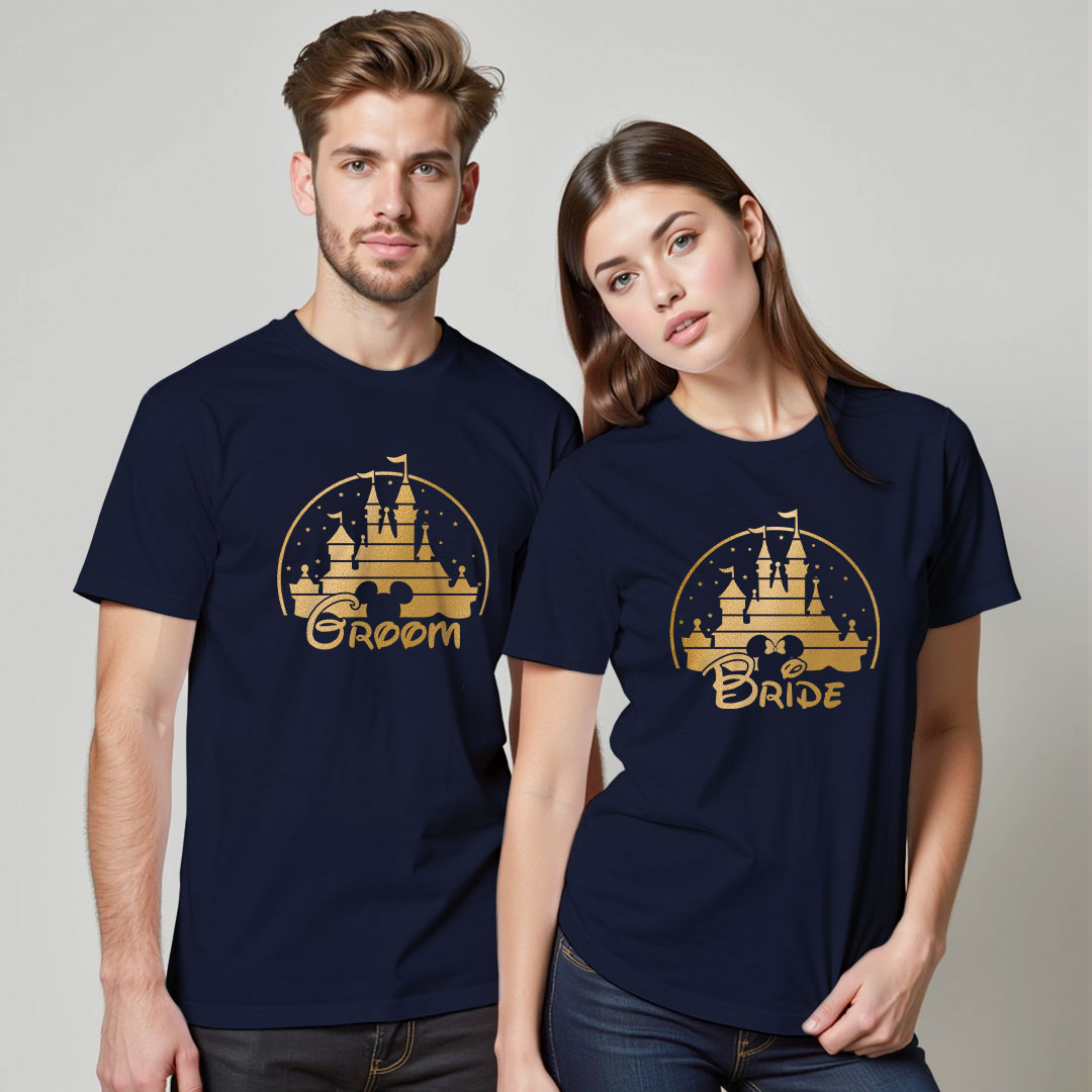 Groom Bride with Castle Gold Printed Wedding T-shirt