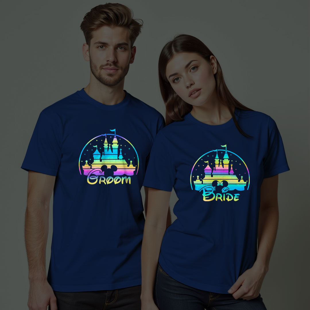 Groom Bride with Castle Wedding Rainbow Reflective T-shirt