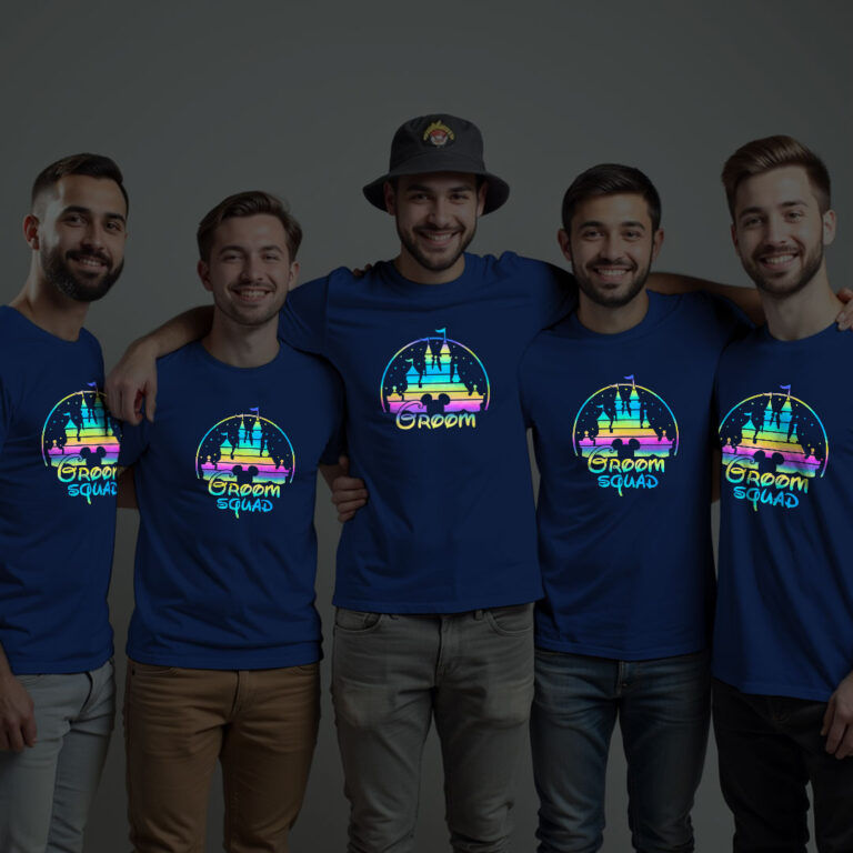 Groom with Castle & Groom Squad Wedding Rainbow Reflective T-shirt