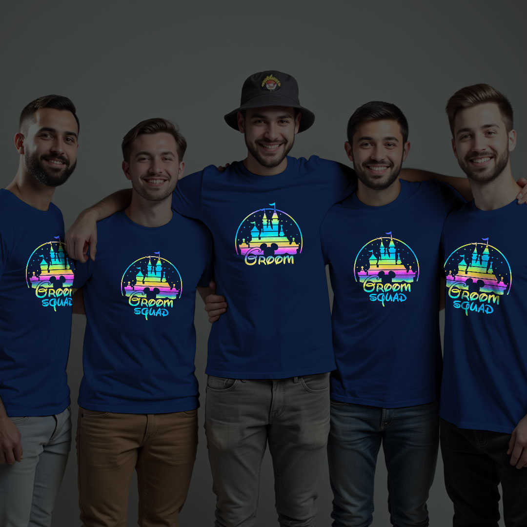 Groom with Castle & Groom Squad Wedding Rainbow Reflective T-shirt